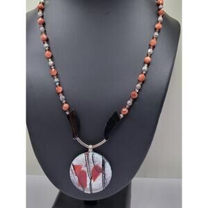 Fused Glass Art Pendant Necklace Goldstone Beaded Boho Statement 19 In